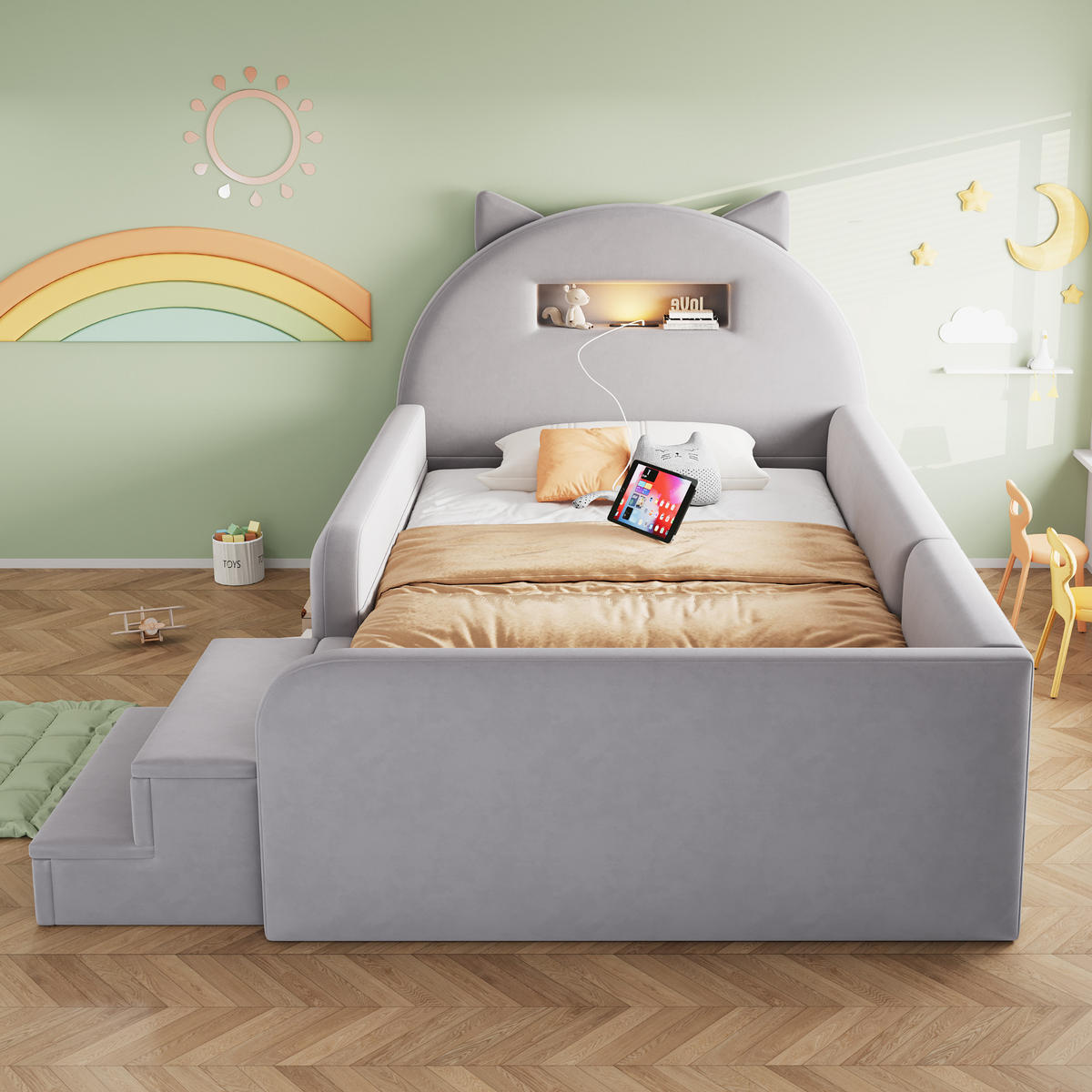 KINDERBETT 90/200 cm in Hellgrau mit 4 Schubladen, Nachtlicht und USB Samt Polsterbett - Hellgrau, Holzwerkstoff/Textil (90/200cm) - STILVORA