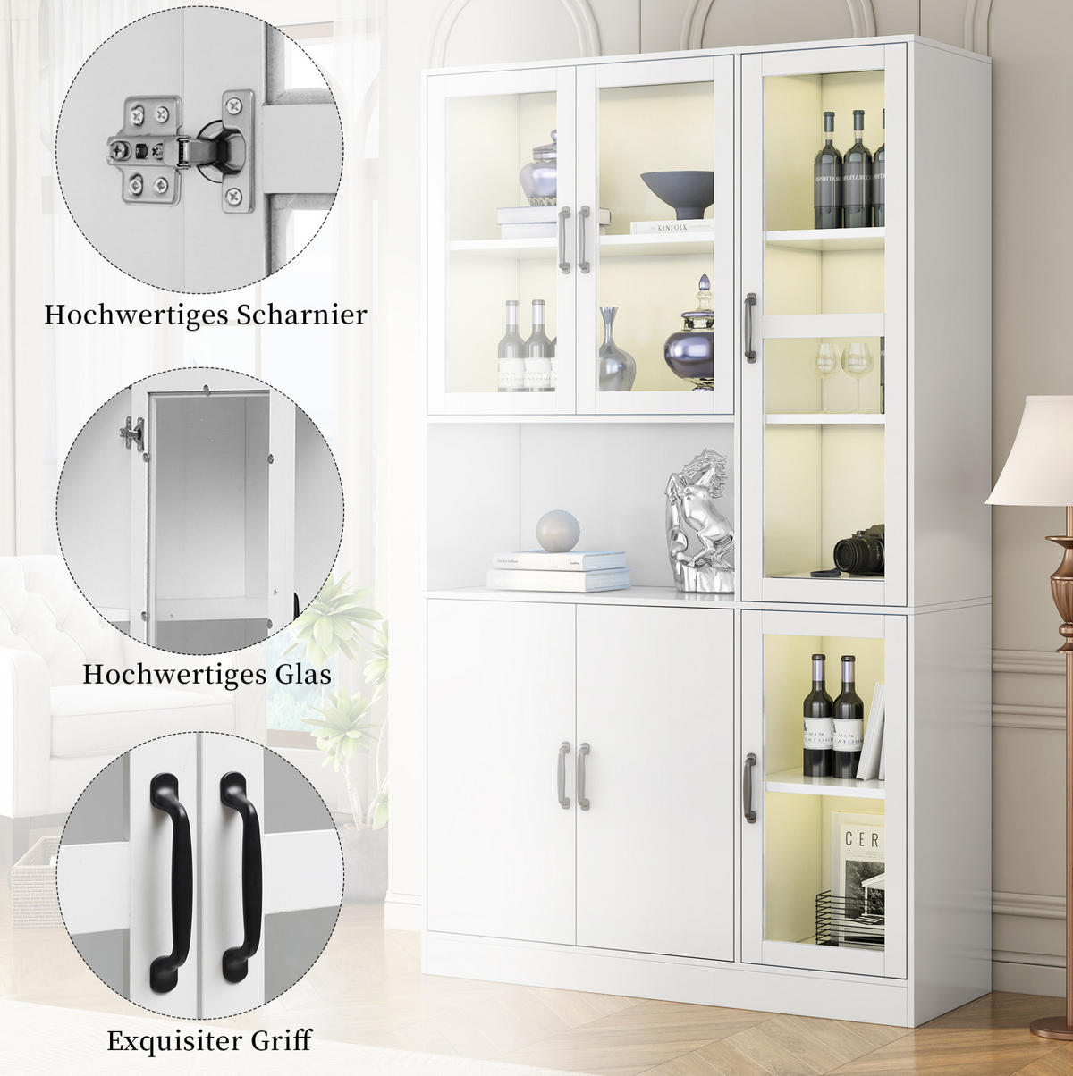 VITRINE 120/40/200 cm aus MDF mit LED-Beleuchtung, Acryltüren und 9 Fächern, Weiß - Weiß, Holzwerkstoff (120/200/40cm) - Redom