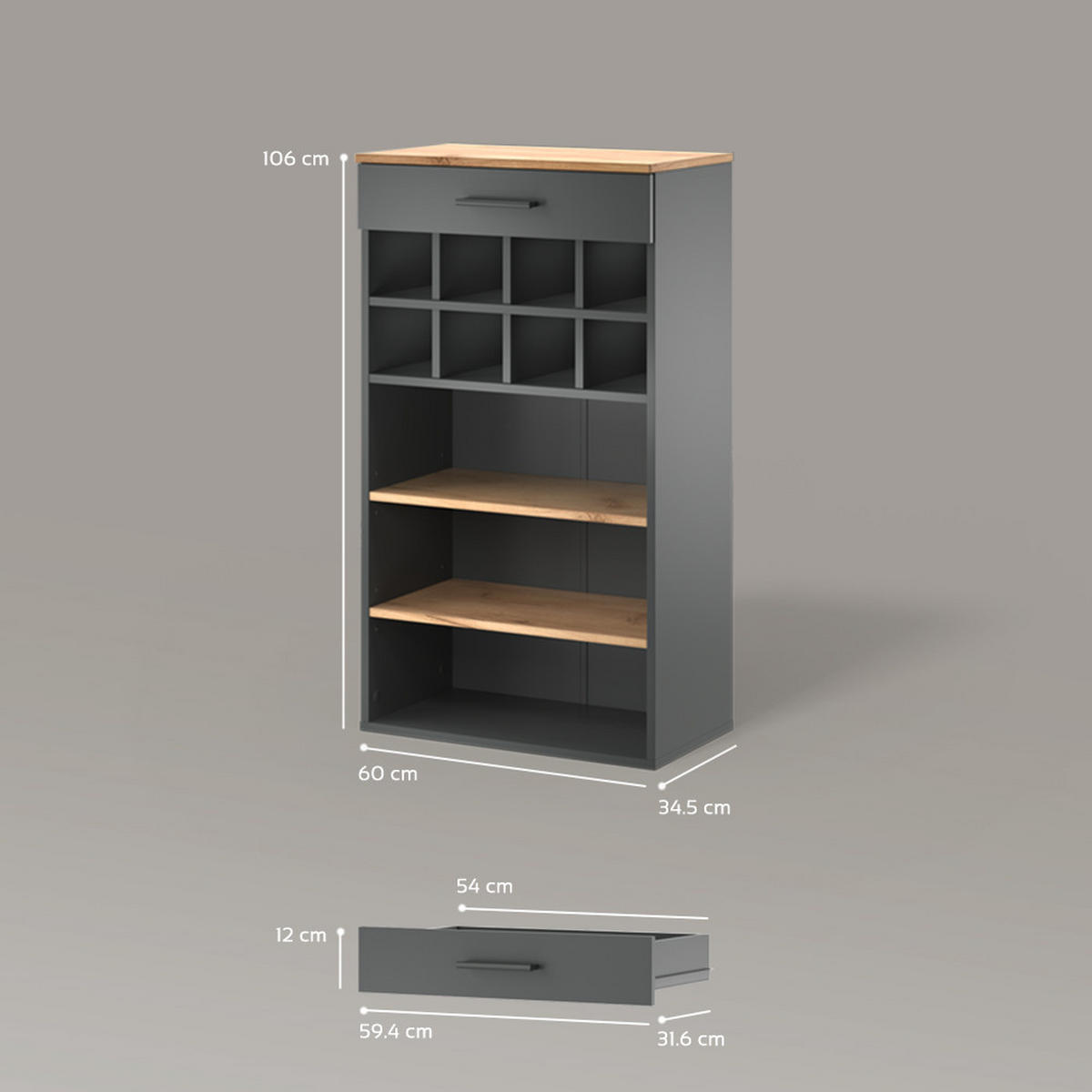 WEINREGAL Regusa Goldkraft Eiche/Anthrazit 60 x 106 cm - Honigeiche/Anthrazit, Holzwerkstoff (60/106/34.5cm) - Livinity®