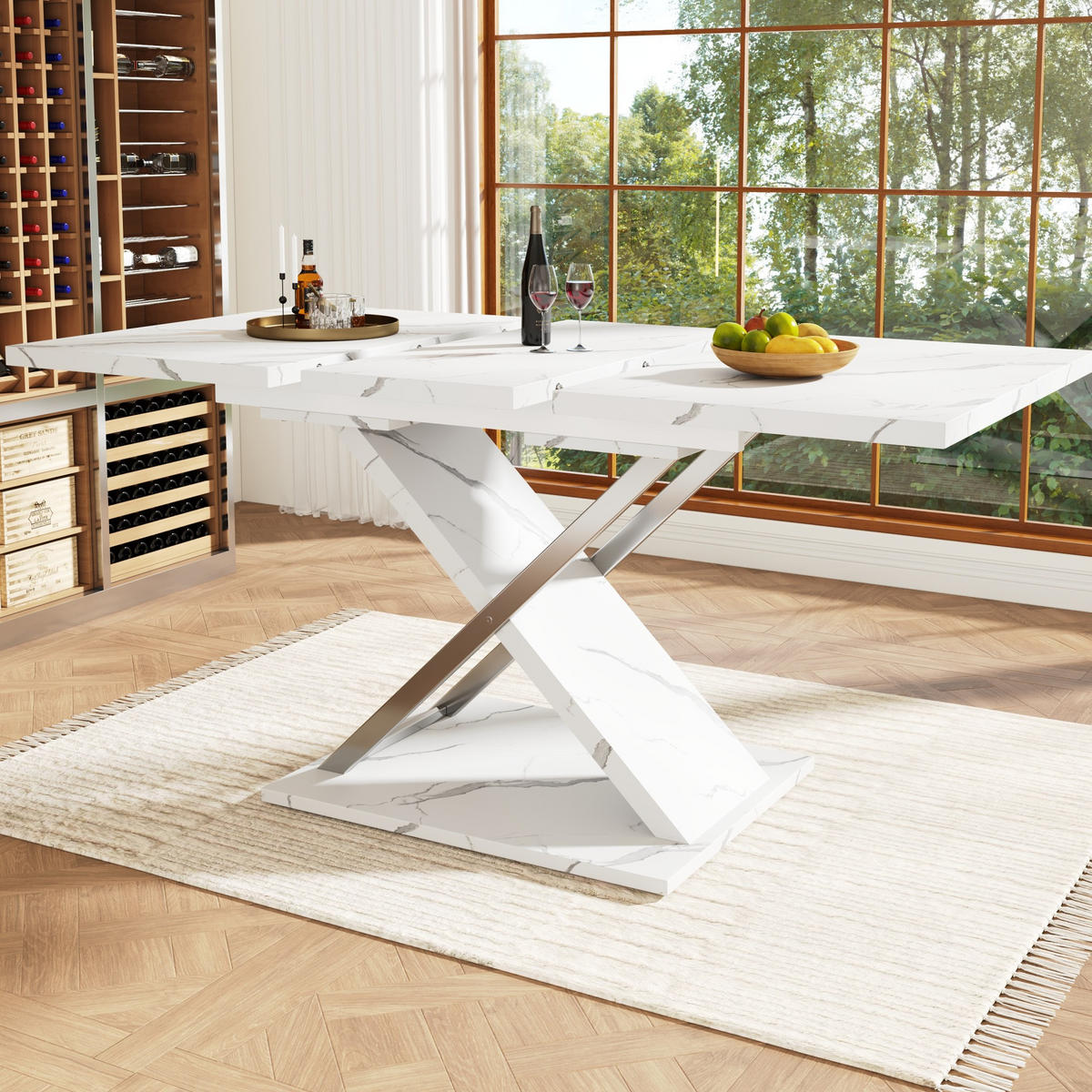ESSTISCH 118-157x75x76 cm in Weiß aus MDF mit Marmoroptik auf Kreuzgestell ausziehbar - Weiß, Holzwerkstoff (157/75/76.4cm) - Modfu