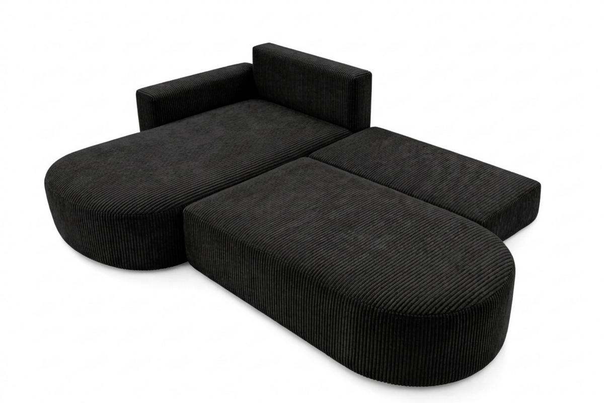 ECKSOFA Mit Schlaffunktion Und Bettkasten, Cordstoff Poso, Schwarz, Links, ROUND ONE OPEN XL - Schwarz, Holz (262/175cm) - Kaiser Möbel