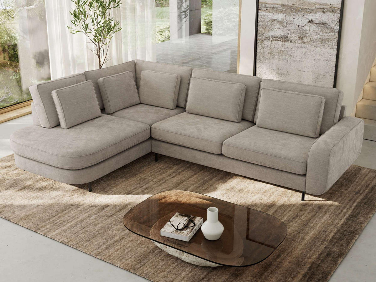 ROHOVÁ SEDAČKA CALENO L - Světle šedá Hrubě tkaná žinylka - Pravá Strana - černá/světle šedá, kov/textil (317/225cm) - MKS