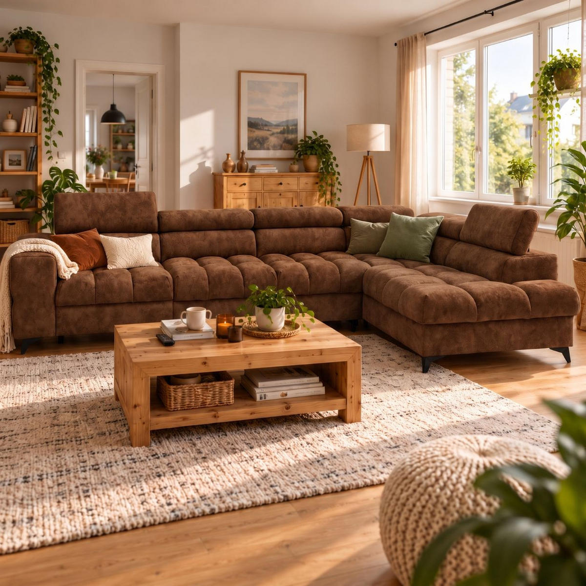 ECKSOFA PUDDING MAXI L Rechts mit Schlaffunktion 125x195 Velours Hellbraun - Hellbraun/Schwarz, Holz/Textil (203/350cm) - Muffo