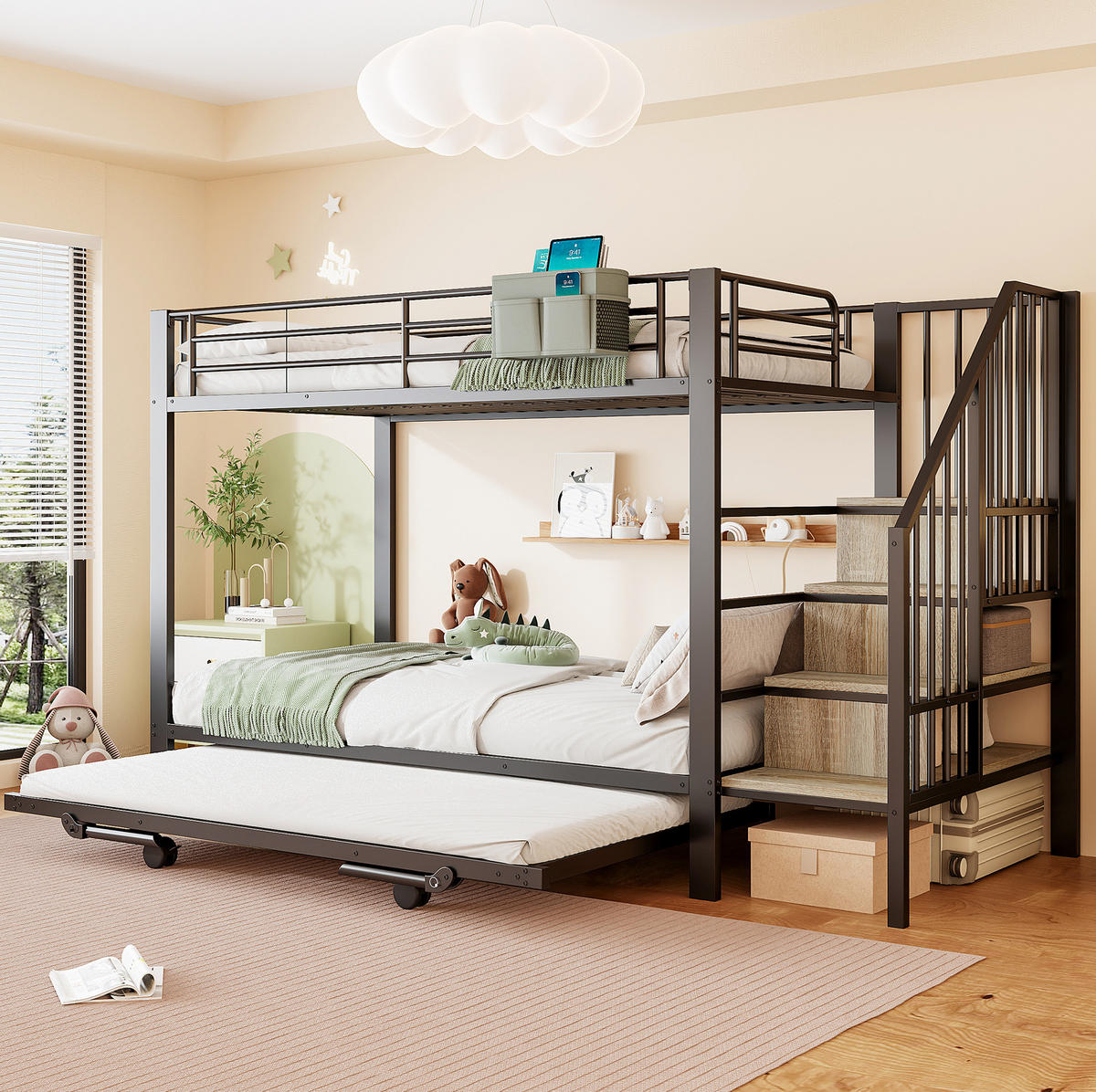 ETAGENBETT 90x200 cm in Schwarz mit Ausziehbett und Stauraumtreppe - Schwarz, Metall (90/200cm) - IVMEU
