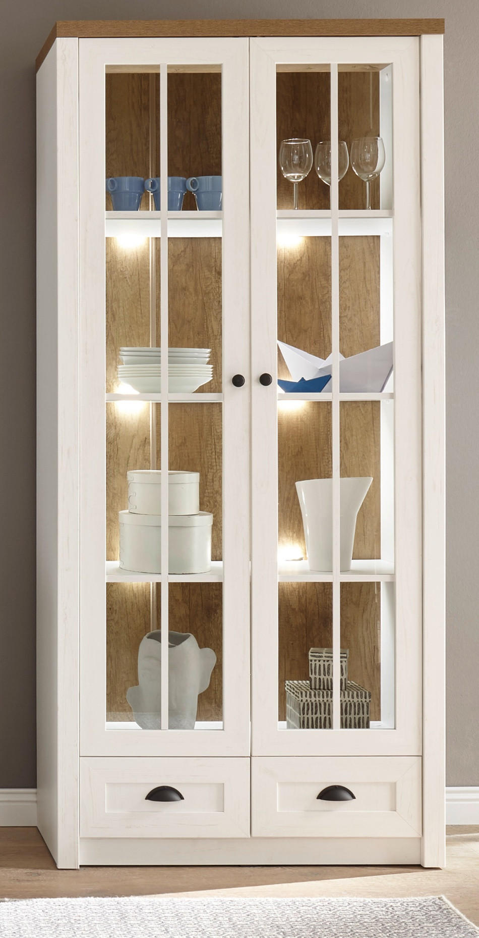 VITRINE weiß Pinie, Eiche hell Landhaus, Vitrinenschrank 90 x 198 cm - Eichefarben/Anthrazit, Holzwerkstoff/Metall (90/198/43cm) - Furn.Design