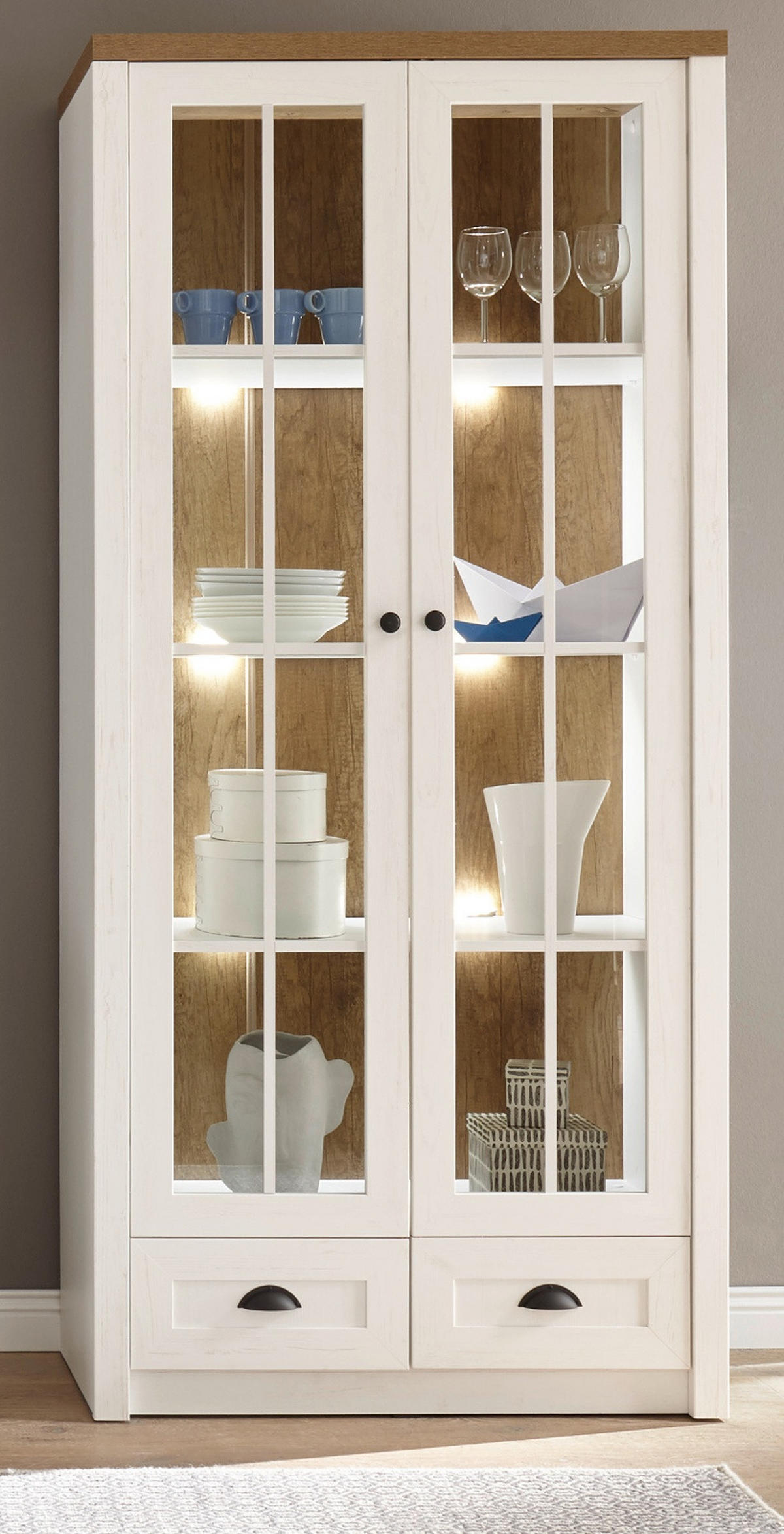 VITRINE weiß Pinie, Eiche hell Landhaus, Vitrinenschrank 90 x 198 cm - Eichefarben/Anthrazit, Holzwerkstoff/Metall (90/198/43cm) - Furn.Design