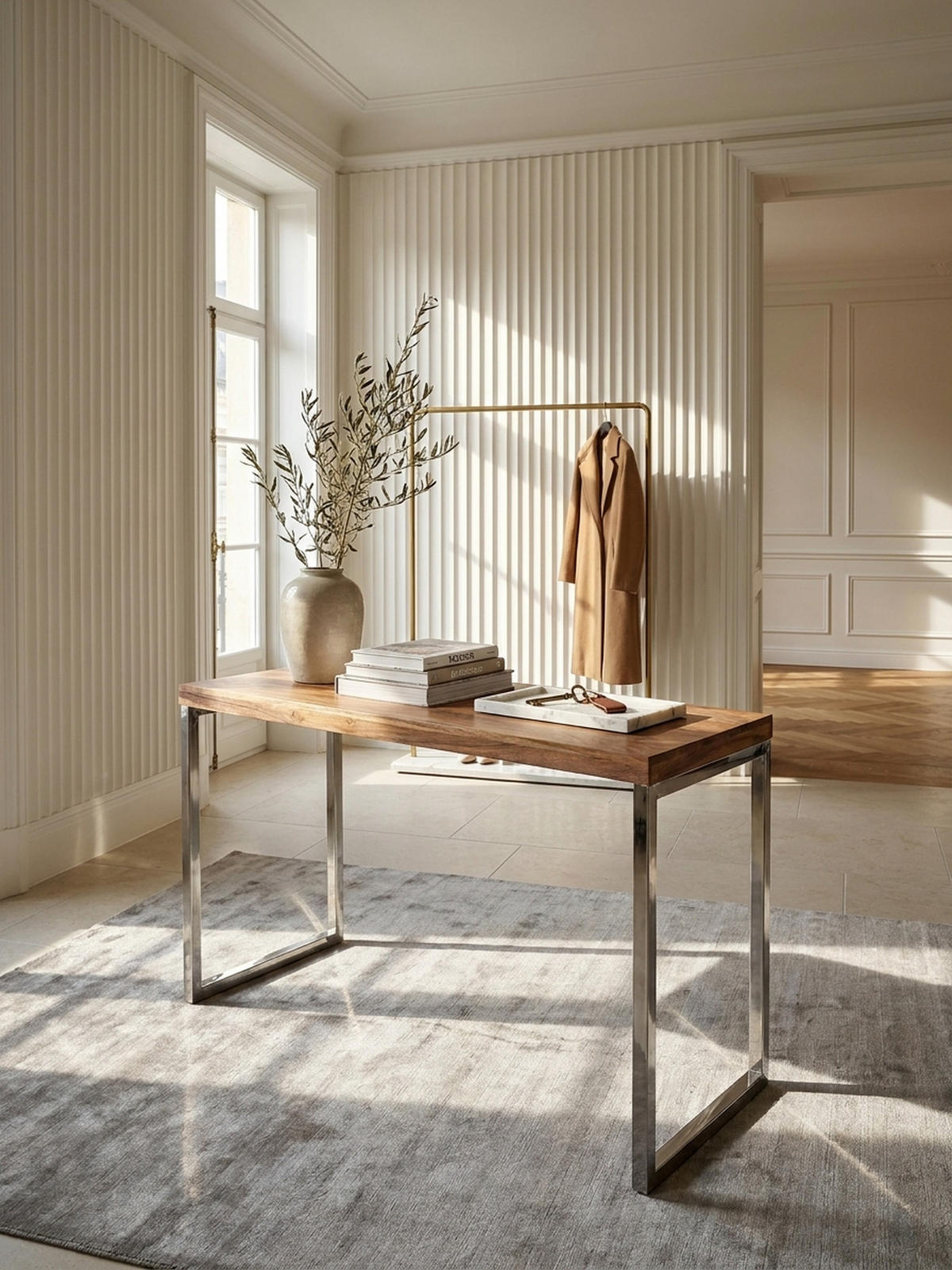 KONSOLENTISCH Massivholz Chromgestell Handgefertigt ISEN, Beige 120x45x77 cm - Beige/Silberfarben, Holz/Metall (45/120/77cm) - KADIMA DESIGN