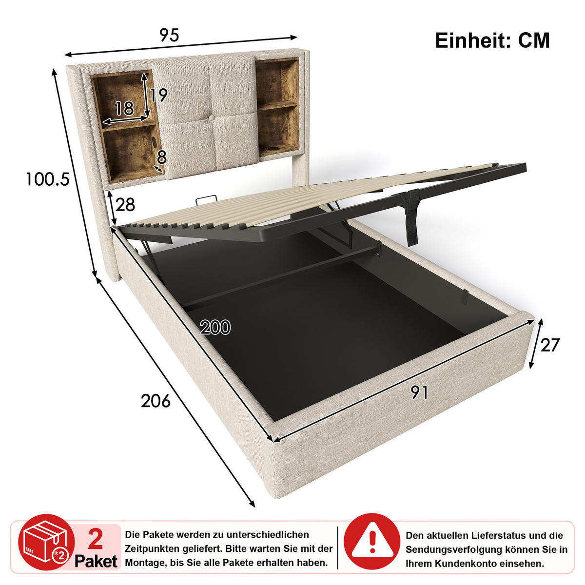 ČALOUNĚNÁ POSTEL 90 × 200 cm v přírodním lnu s úložným prostorem, USB, USB-C a bezdrátovým nabíjením - přírodní, kov/kompozitní dřevo (90/200cm) - WISHDOR