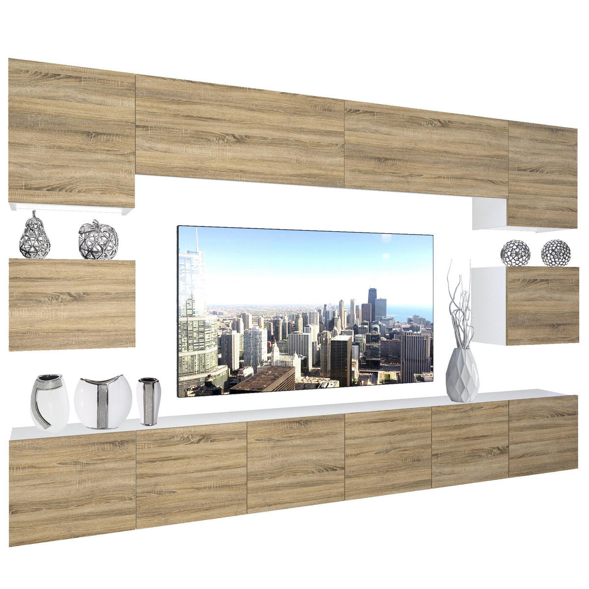 WOHNZIMMERWAND Schrankwand mit LED Sonoma Eiche - Beige, Holz (300/180/36cm) - B BELINI GROUP