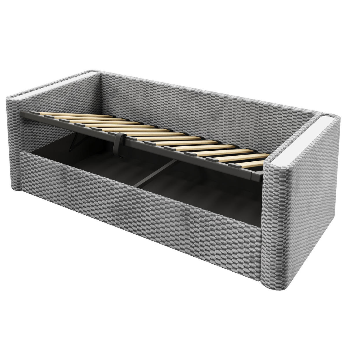 BETT 90/200 cm Grau aus Samt und MDF mit Stauraum und LED-Beleuchtung - Grau, Textil (90/200cm) - OKMYHOME
