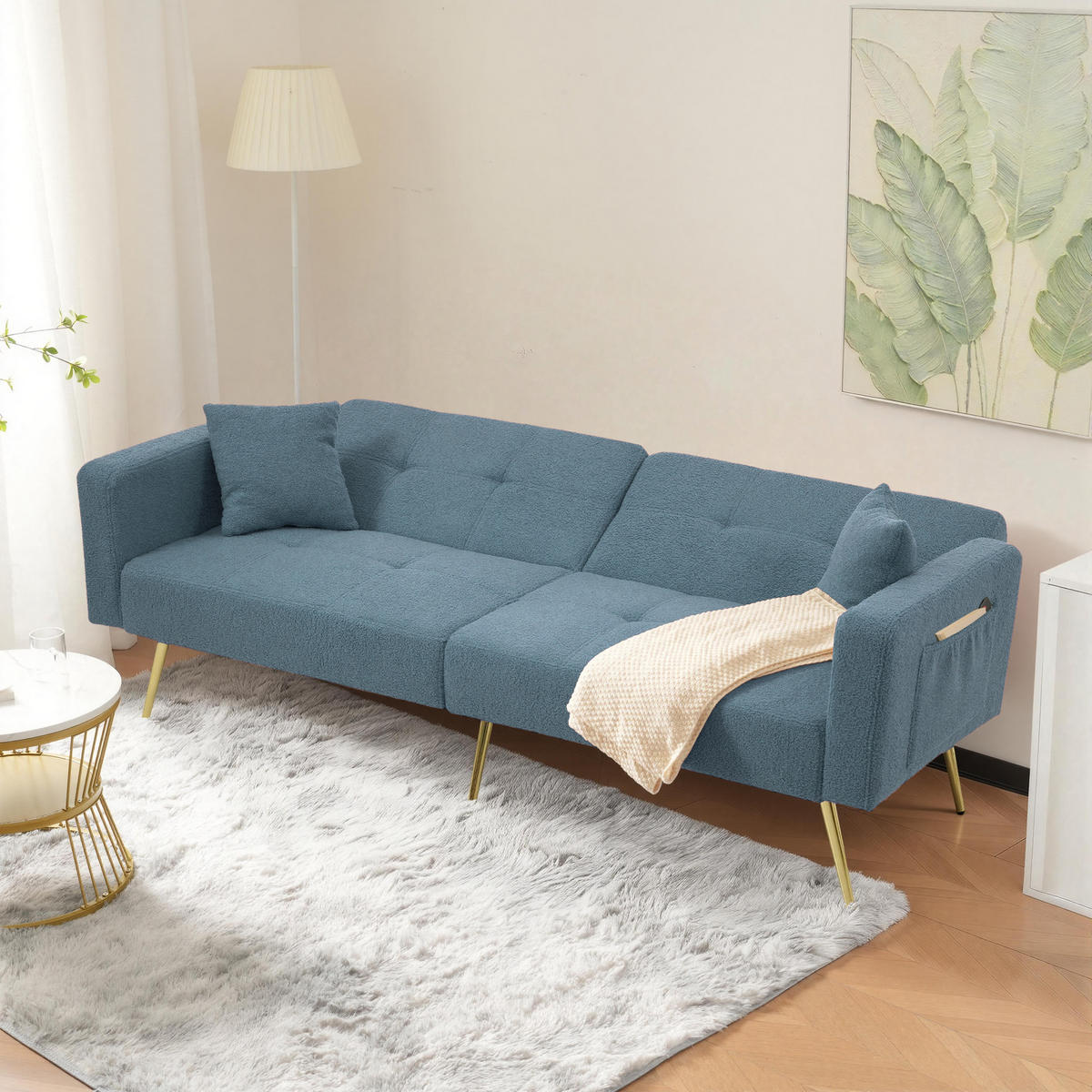 SCHLAFSOFA mit Bettfunktion, Kissen und goldfarbenen Beinen - Blau, Kunststoff (175/72/64cm)