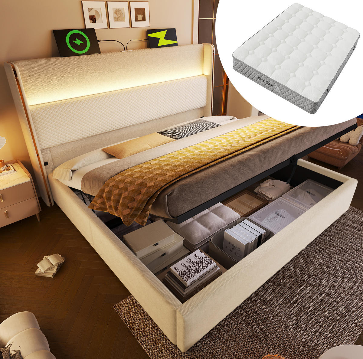 POLSTERBETT 160/200 cm Beige aus Leinen mit LED-Beleuchtung und Stauraum - Beige, Textil (160/200cm) - OKMYHOME