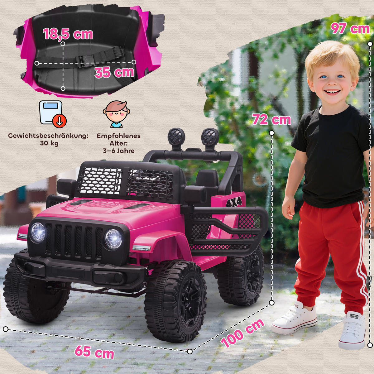 KINDER-ELEKTROAUTO aus Kunststoff Metall Rosa - Rosa, Kunststoff (100/65/72cm) - HOMCOM
