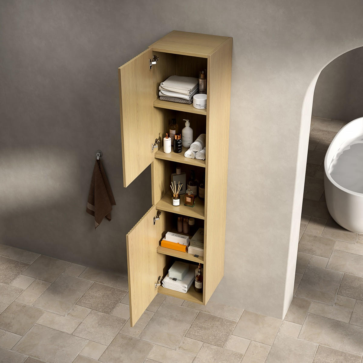 BAD-HOCHSCHRANK 160 cm,Schmal 2 Türen Offenes Fach Aufbewahrungsschrank Weiße Eiche Gold - Goldfarben, Holz (140/30/24cm) - PARAFTA HOME