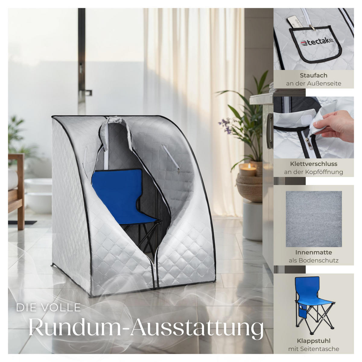 MOBILE DAMPFSAUNA Thermaluxe Ii,inkl. Fernbedienung, Matte, Klappstuhl und Tragetasche,grau/blau - Blau/Grau, Kunststoff (78/100/90cm) - tectake