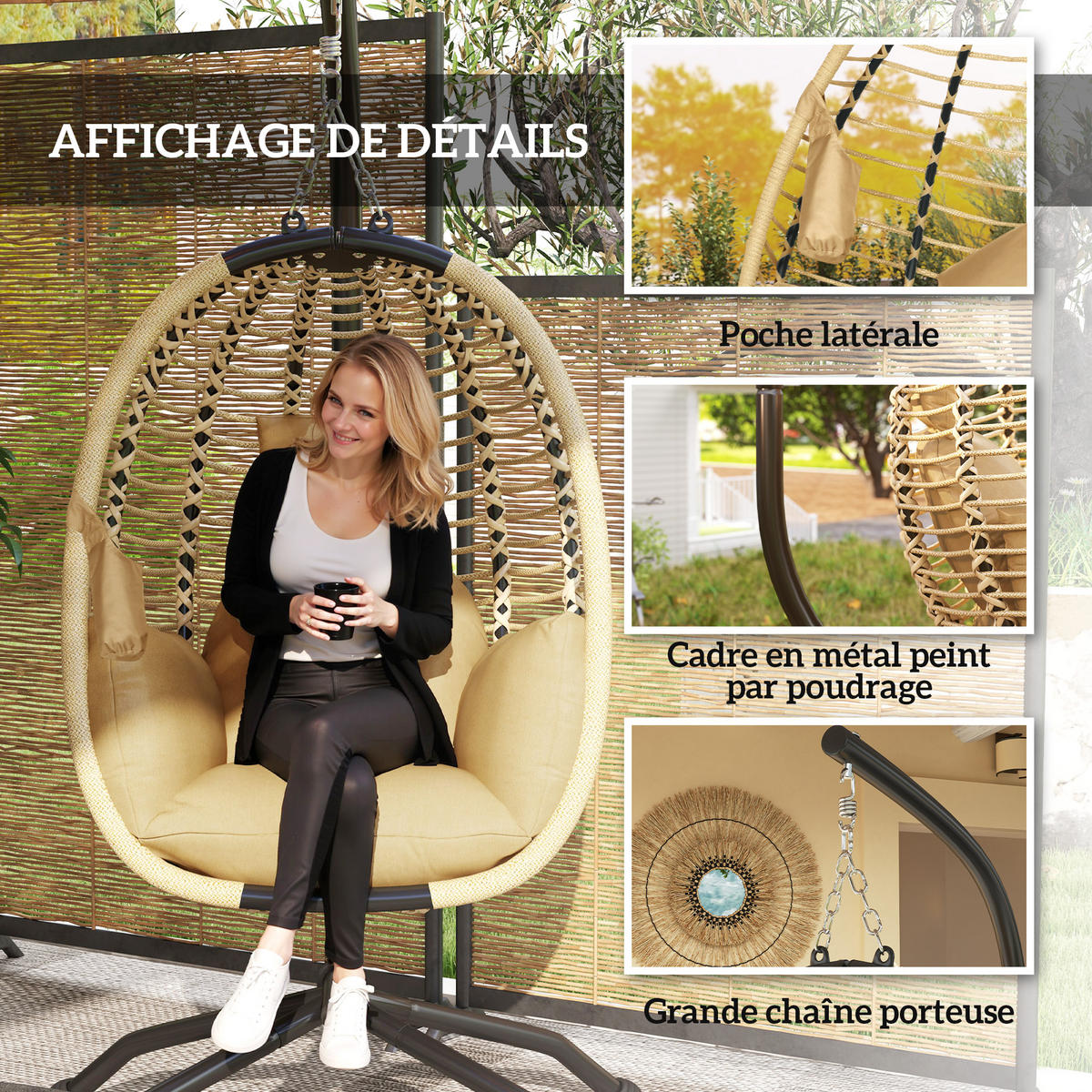 HÄNGESESSEL DE-15281 klappbar mit Kissen und Gestell Beige - Beige, Metall (100/188/110cm) - ComfortXL
