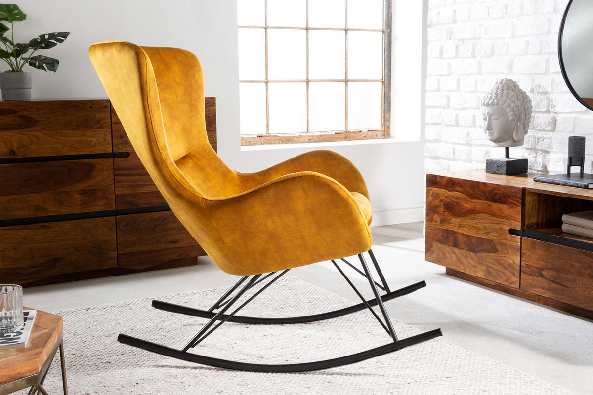 SCHAUKELSTUHL SCANDINAVIA SWING Samt Senfgelb 115 cm - Gelb/Schwarz, Textil/Metall (77/99/115cm) - riess-ambiente