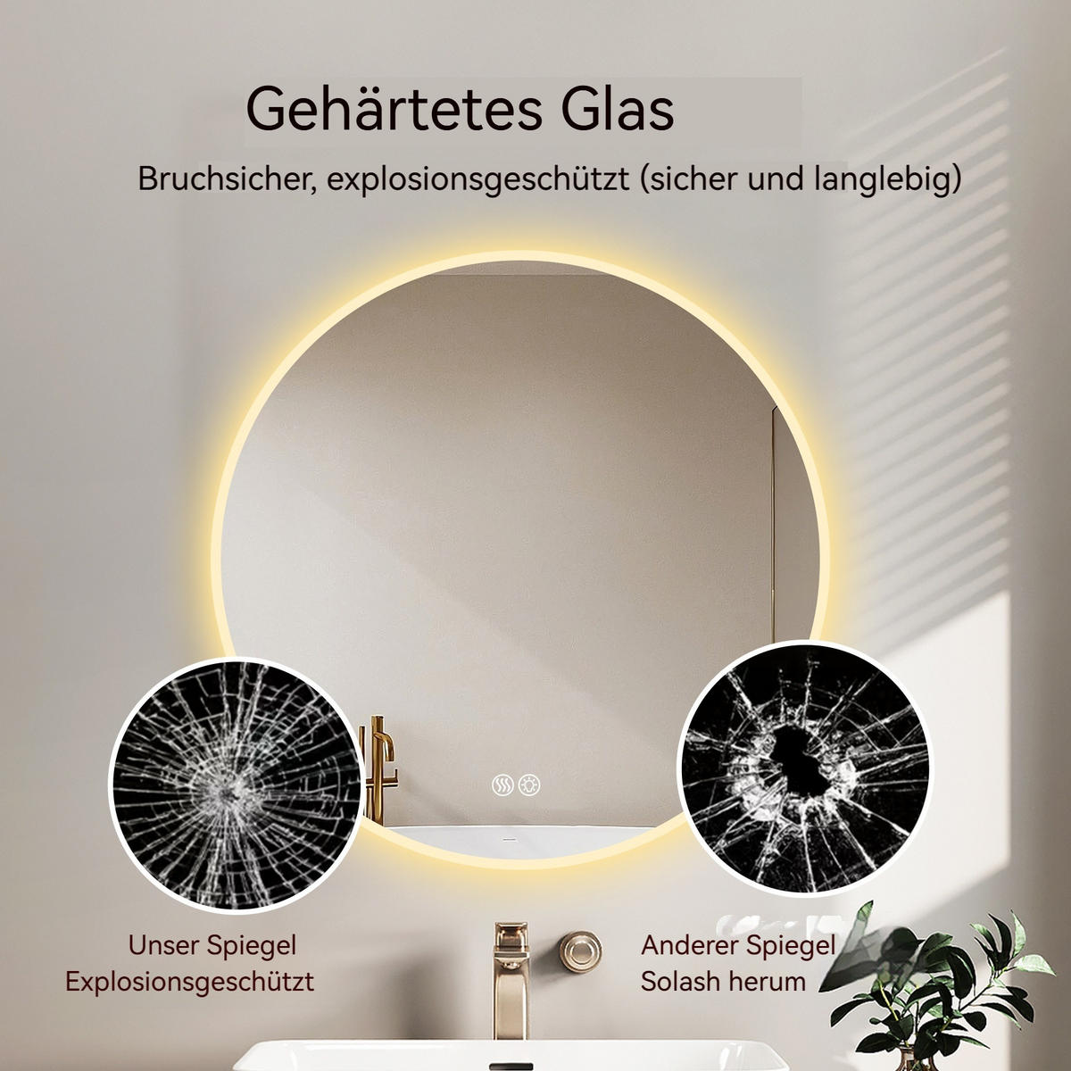 RUNDER LED Badezimmerspiegel 70cm Silber, 3 Lichtfarben dimmbar mit Entspiegelung - Silberfarben, Glas (70/3/70cm) - Modfu