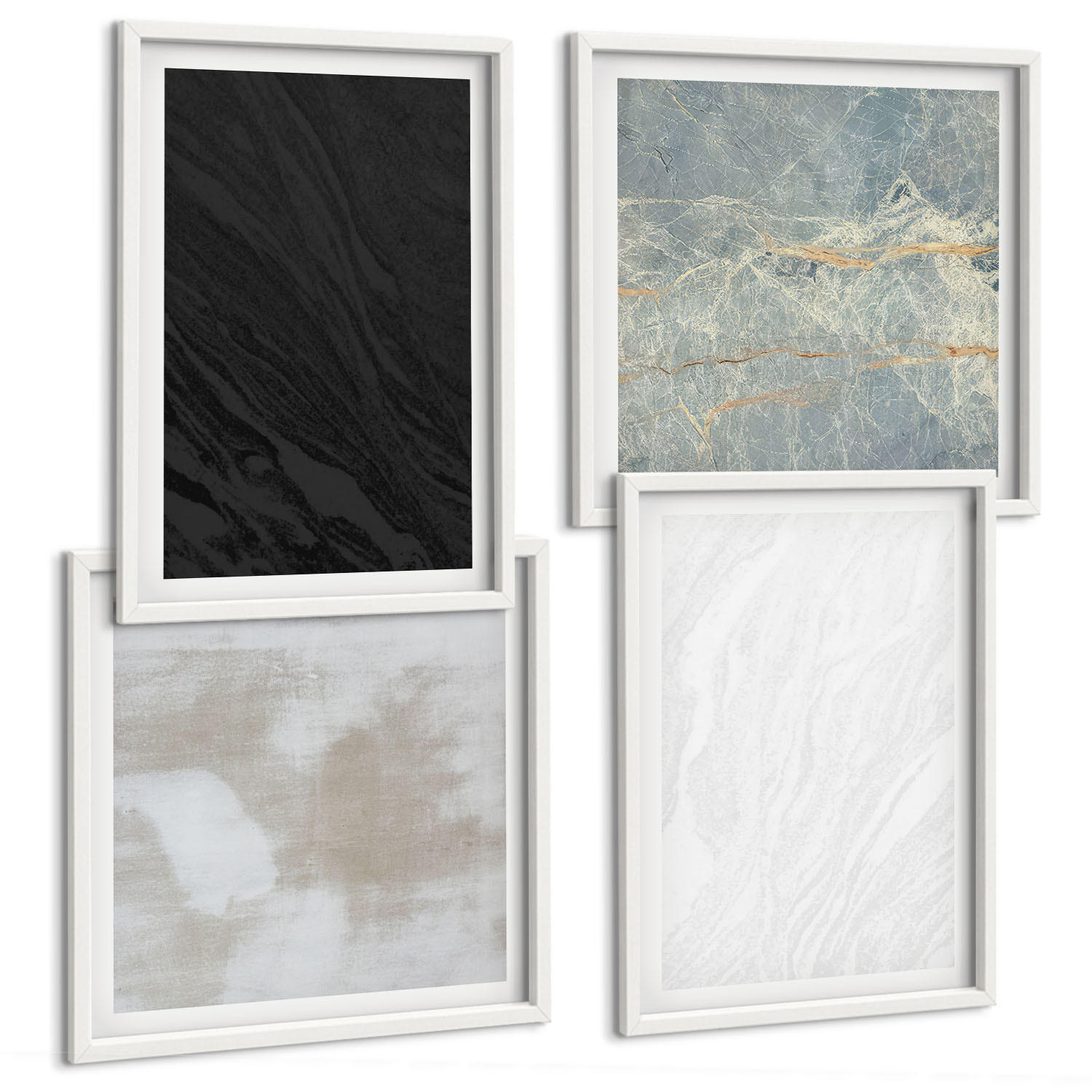 BILDER SET 4er Set - 50x50 cm & 40x60 cm Weißer Rahmen - Steintexturen - Weiß, Kunststoff (50/50cm) - TULUP
