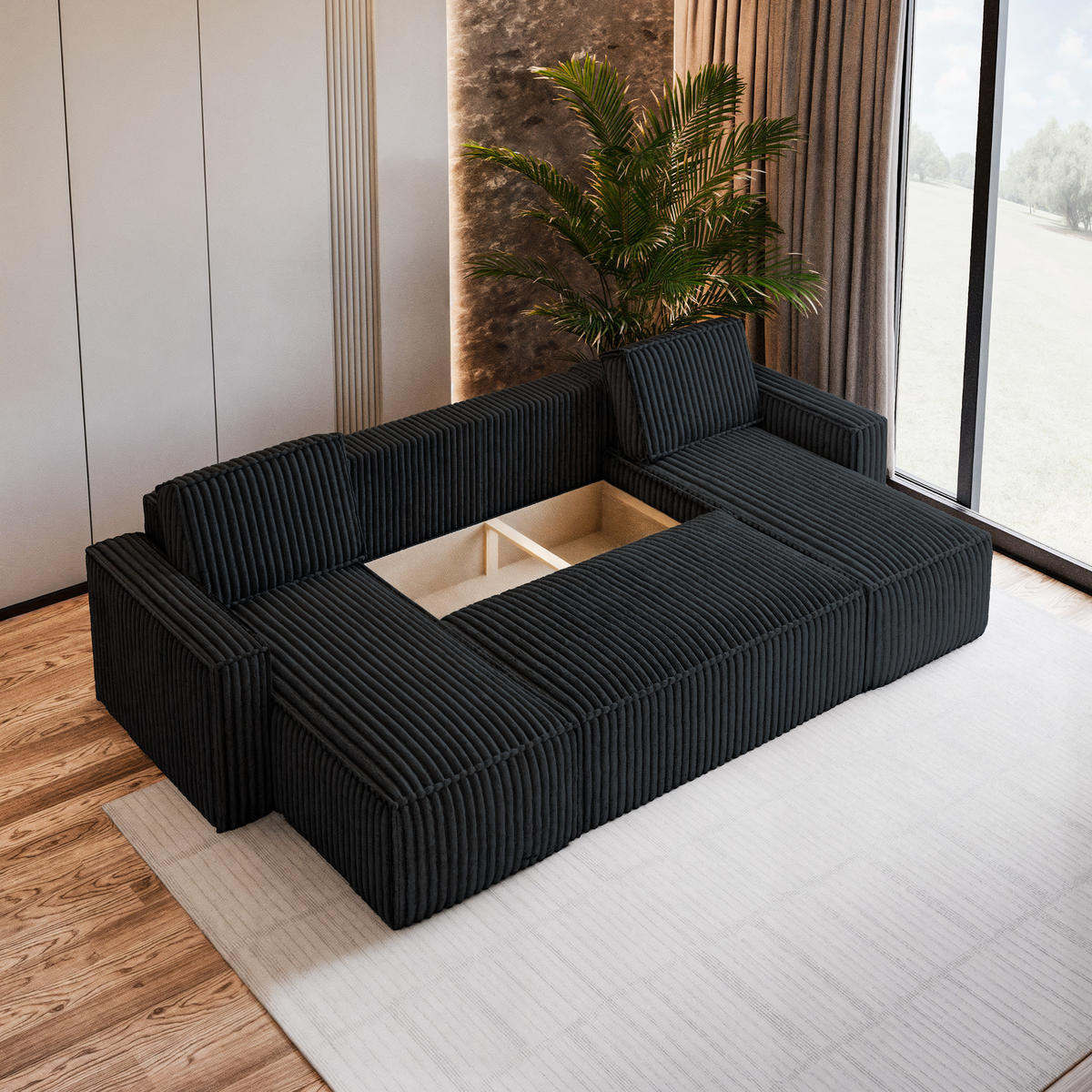 WOHNLANDSCHAFT PESANO T Schwarz Kordstoff mit Schlaffunktion - Schwarz, Holz (306/85/140cm) - MASSENO