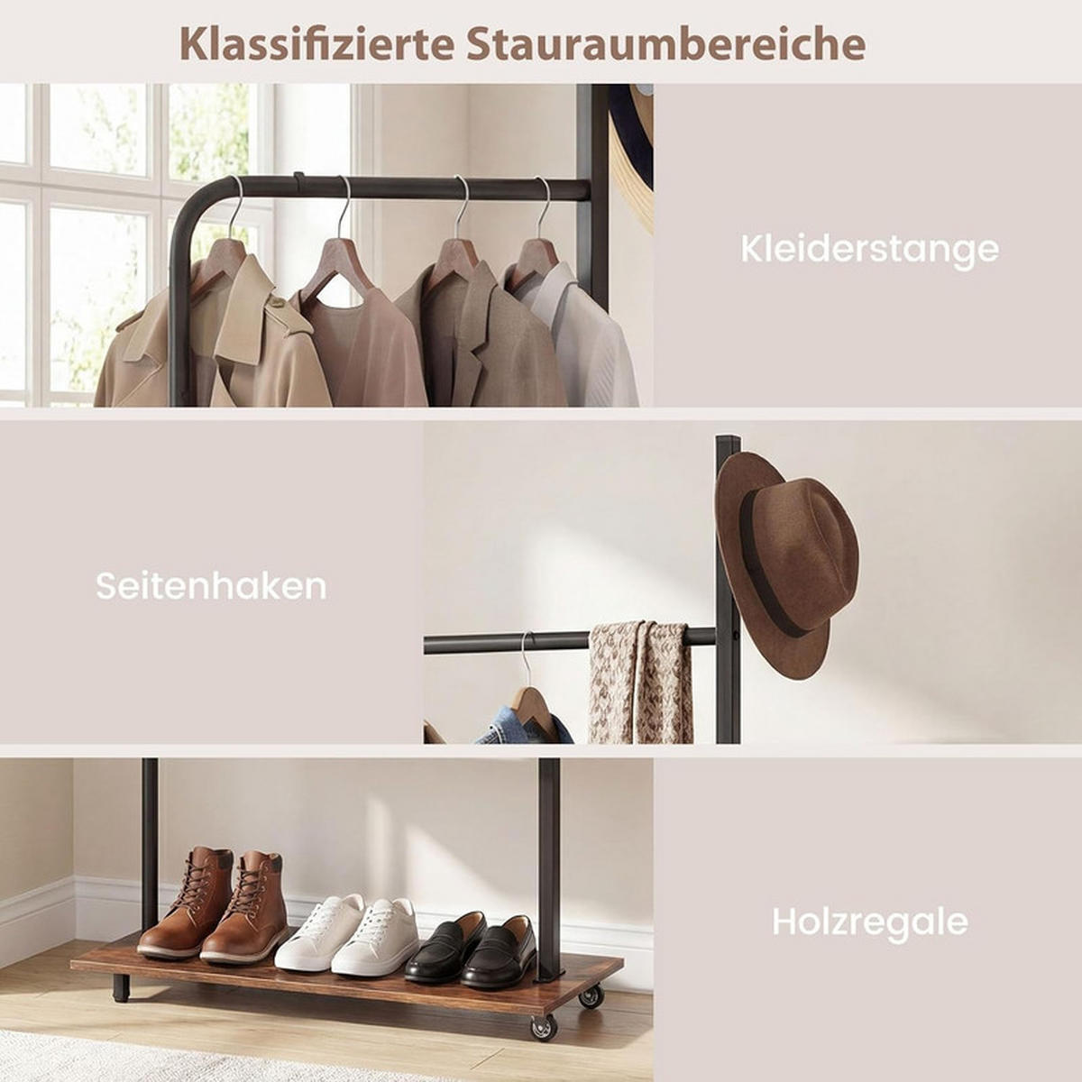KLEIDERSTÄNDER auf Rollen braun - Braun, Metall (60/175/30cm) - COSTWAY