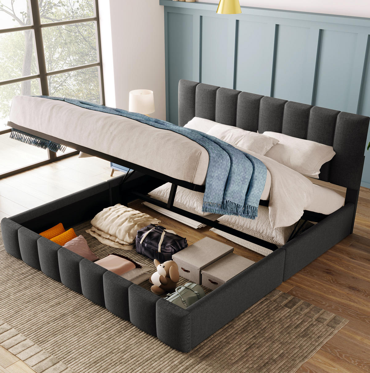 POLSTERBETT 140/200 cm Grau aus Leinen mit verstellbarem Kopfteil und Stauraum mit Matratze - Grau, Textil (140/200cm) - OKWISH