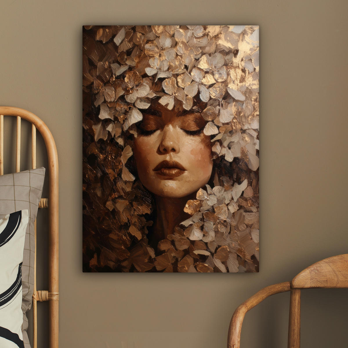 LEINWANDBILD Gesicht - Dame - Blätter - Pinselstriche Wandbild Wohnzimmer 60x80 cm - Goldfarben, Textil (60/80cm) - MuchoWow