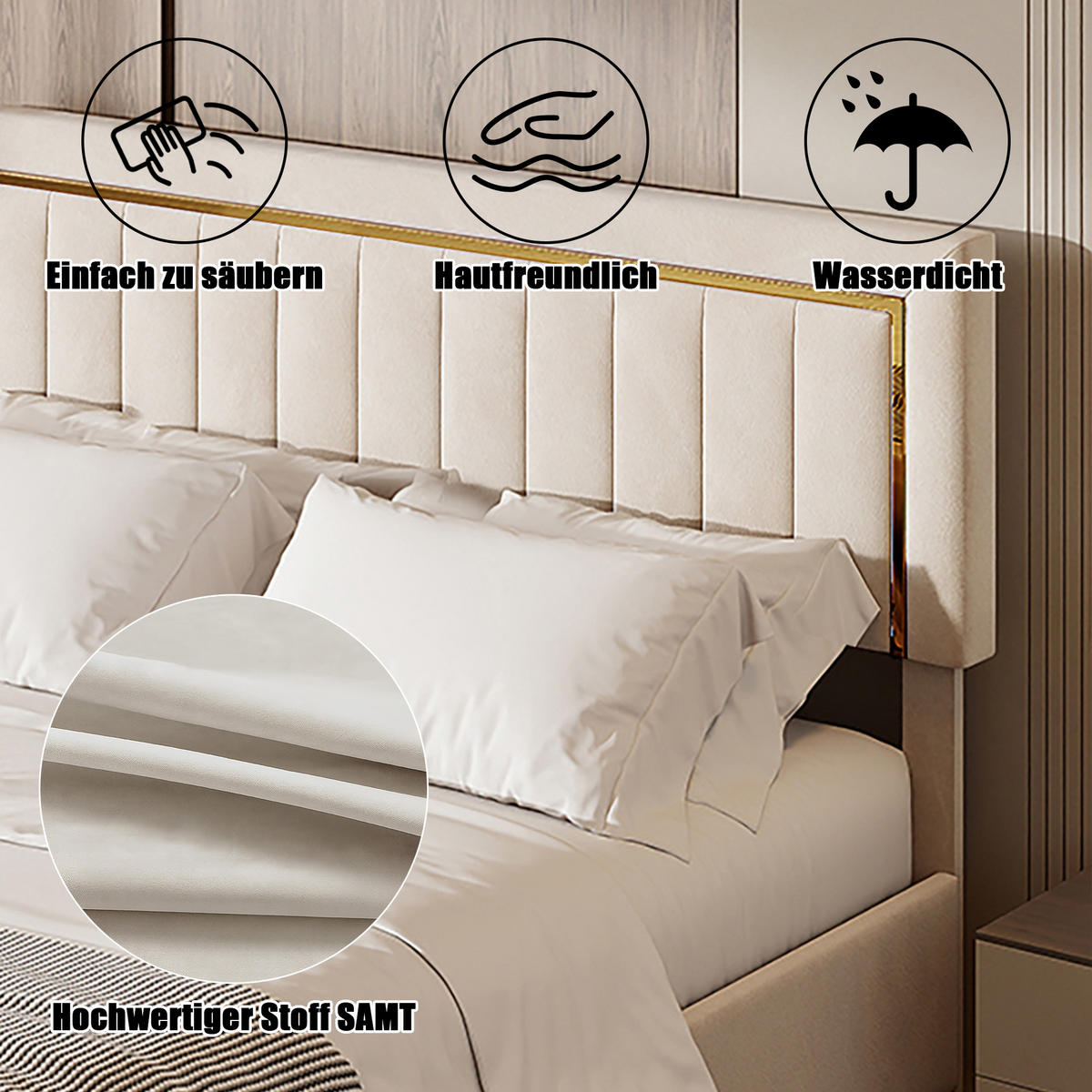 ČALÚNENÁ zamatová posteľ 180x200 cm s hydraulickým boxom a zlatými detailmi - écru, drevo (180/200cm) - SHOPENTRA