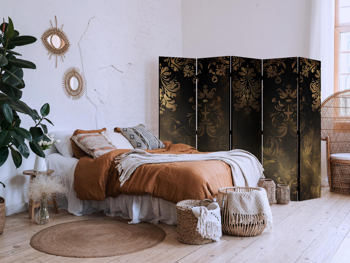 PARAVÁN Akustický 5-dielny 225x172 cm Barokové Ornamenty - hnedá, drevo/textil (225/172/3cm) - Muralo