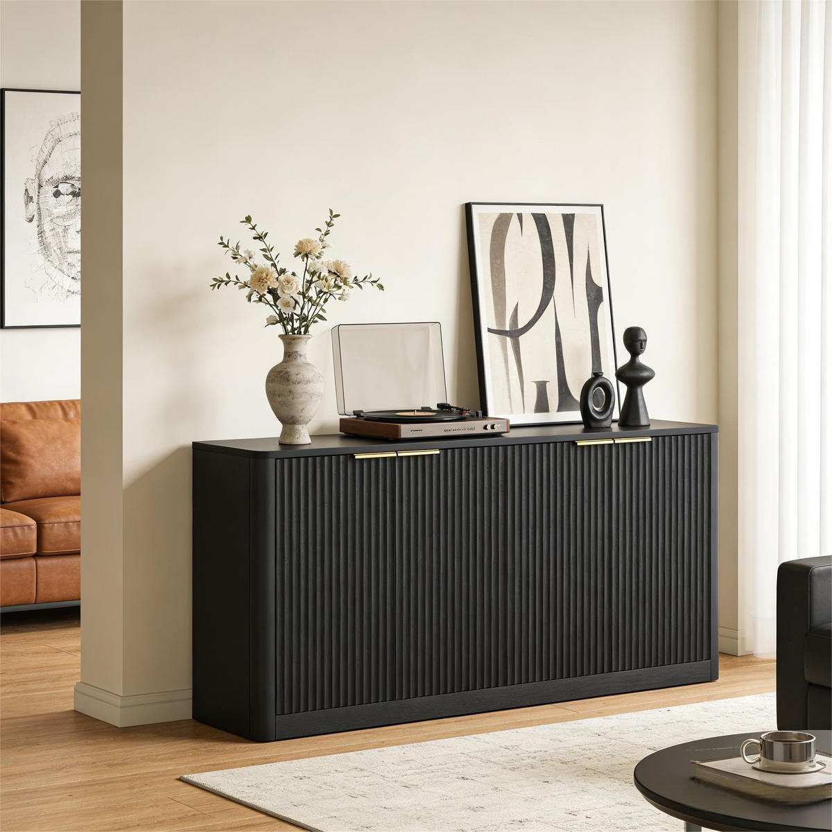 SIDEBOARD 150x40x70,5 cm mit Wellenform und 4 Türen, Schwarz - Schwarz, Holzwerkstoff (150/70.5/40cm)