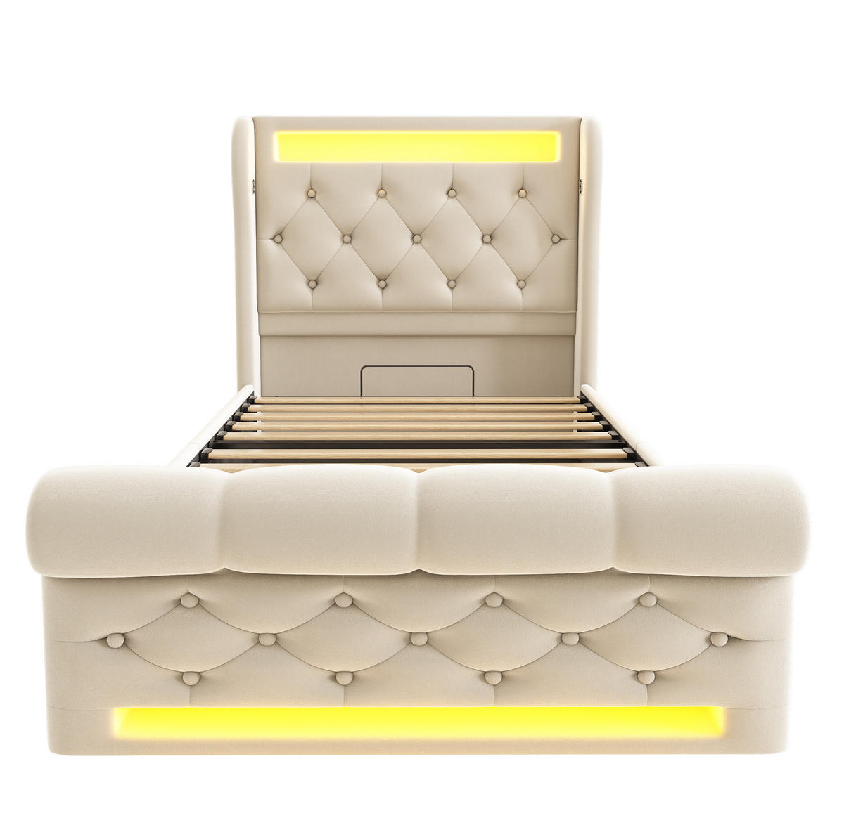 POLSTERBETT aus Samt 90x200 cm Beige mit LED, USB-C, Stauraum und Matratze - Beige, Textil (90/200cm) - IVMEU