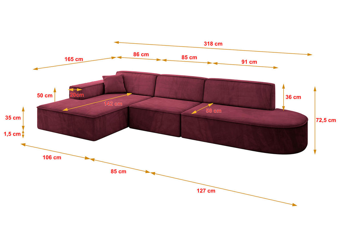 ECKSOFA Ottomane Links IREA-L2-v4 - 318x165x72,5 cm Bordeauxrot - Bordeaux, Holzwerkstoff/Textil (318/165cm) - ALTDECOR