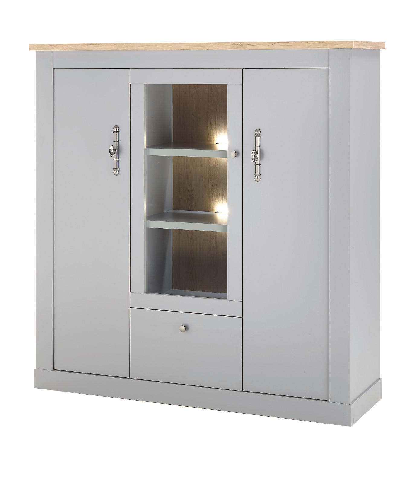 HIGHBOARD grau, Artisan Eiche Landhaus 138 cm, Vitrine mit 11 Fächern - Silberfarben/Hellgrau, Glas/Holzwerkstoff (138/142/44cm) - Furn.Design