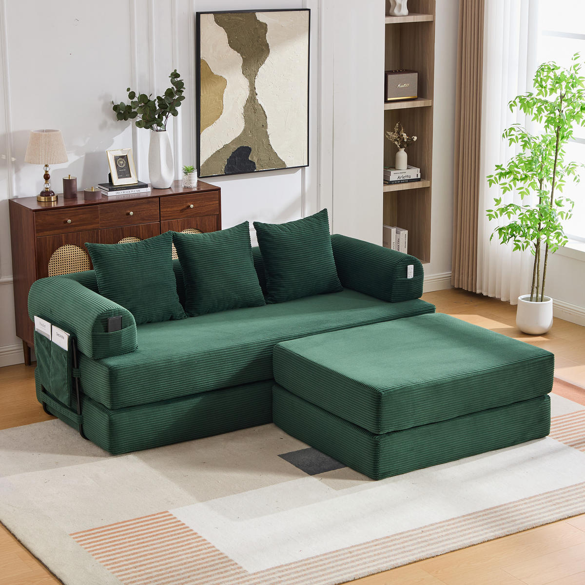 ECKSOFA Cord Smaragdgrün mit Hocker und Kissen - Smaragdgrün, Textil/Metall (218/285cm) - WISHDOR