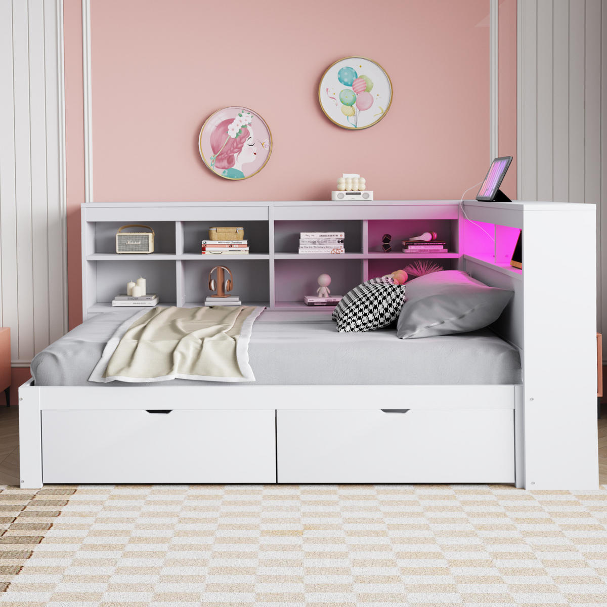 TAGESBETT 90x200 cm Weiß mit LED, USB-Steckdose und viel Stauraum - Weiß, Holzwerkstoff (90/200cm) - Modfu