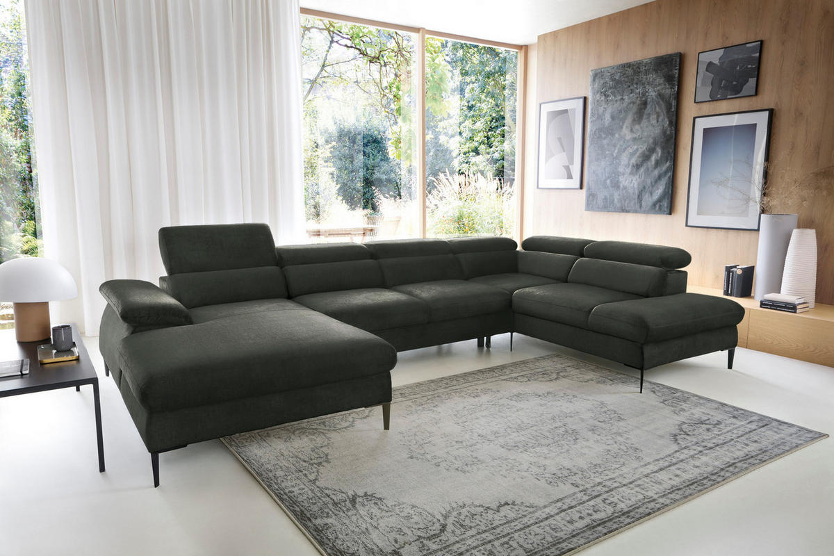 ECKSOFA U-Form 350 cm Amaro M mit Schlaffunktion, Links, Grün - Grün, Holz (214/353cm) - Emporius