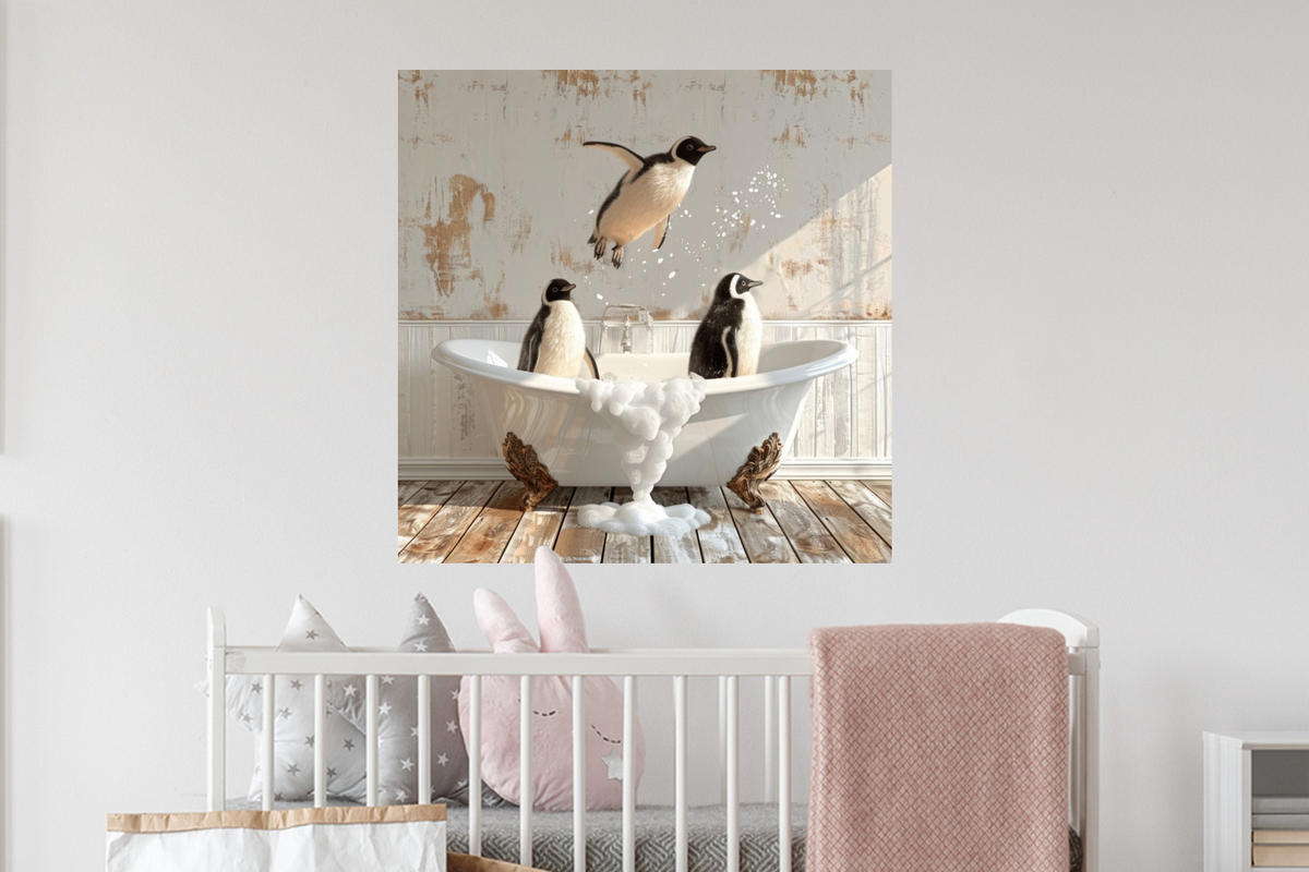 WANDTATTOO Vintage - Pinguin - Badewanne - Schaumstoff 50x50 cm - Schwarz, Kunststoff (50/50/0.1cm) - MuchoWow