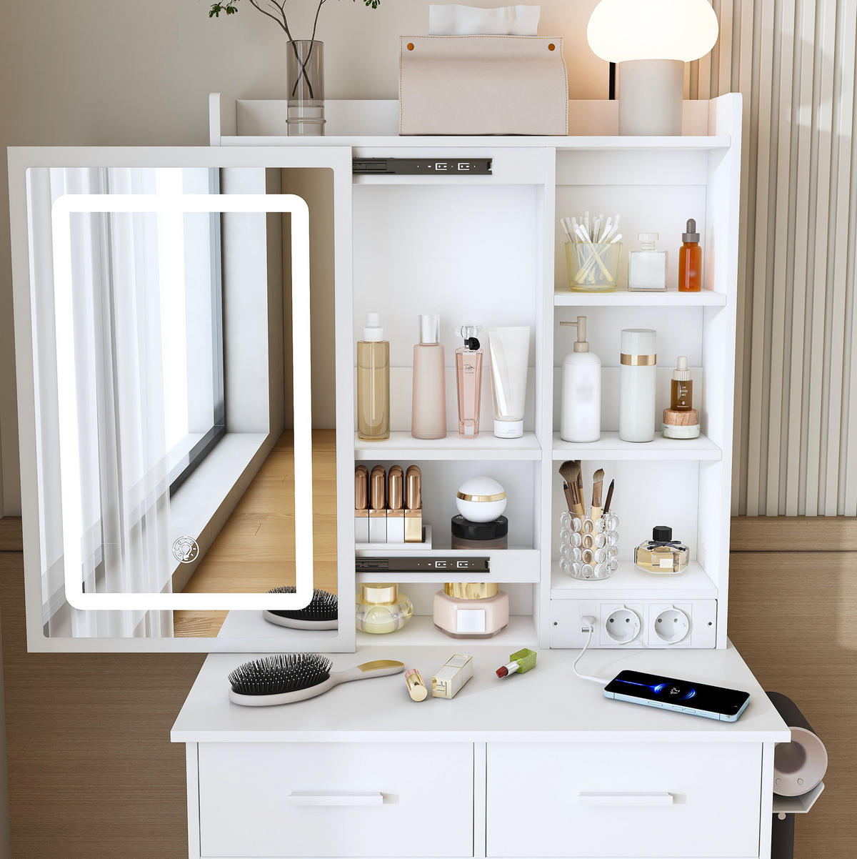 SCHMINKTISCH aus MDF 60x36x136 cm Weiß mit LED-Beleuchtung, USB, Steckdosen, Stauraum und gepolstertem Hocker - Weiß, Holzwerkstoff (60/136/36cm) - Modfu