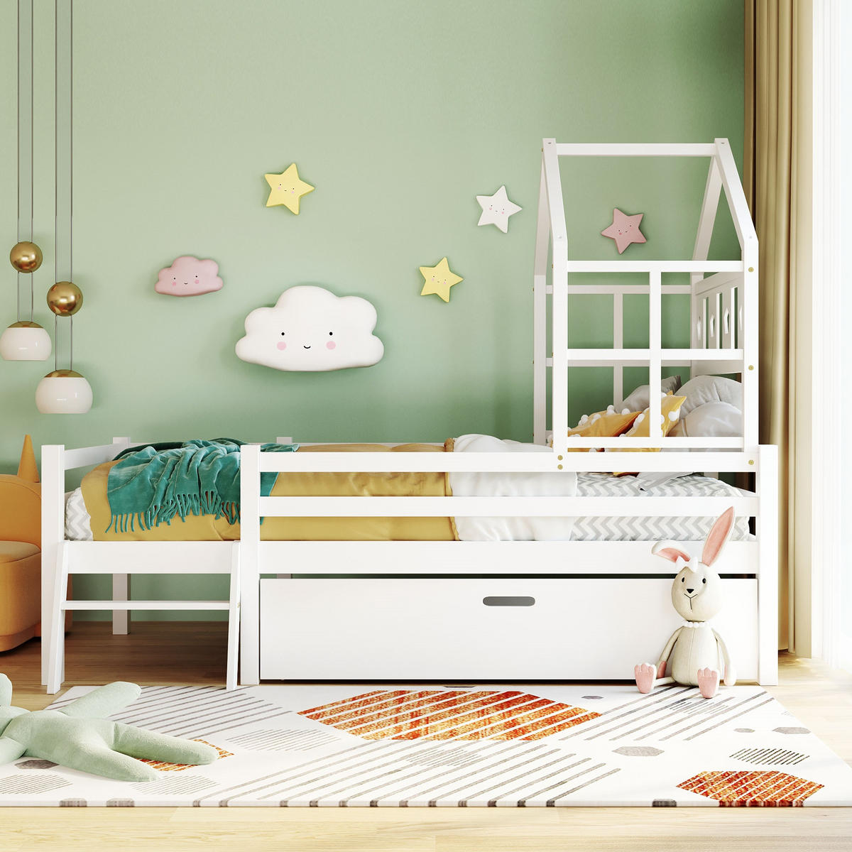 HOCHBETT 90/200 cm weiß mit Leiter und Schubladen aus Massivholz - Weiß, Holz (90/200cm) - OKWISH