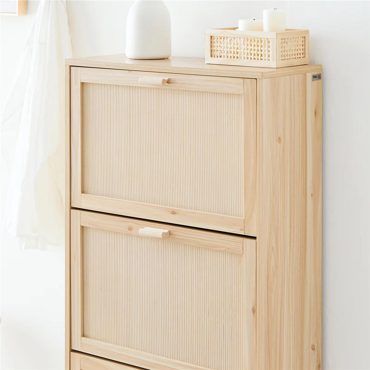 SCHUHKIPPER 3 Klappen Schmal , 6 Ablagen Natur - Naturfarben, Holz (60/118/24cm) - Kaket