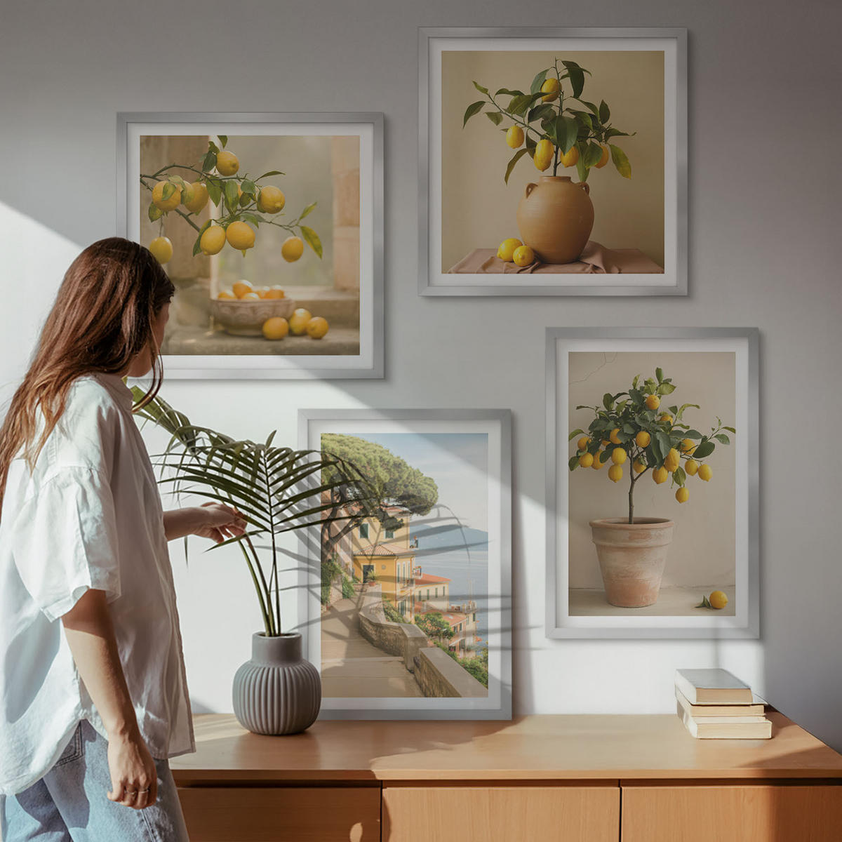 BILDER SET 4er Set - 50x50 cm & 40x60 cm Silberner Rahmen - Zitronenbäume im Topf - Silberfarben, Kunststoff (50/50cm) - TULUP
