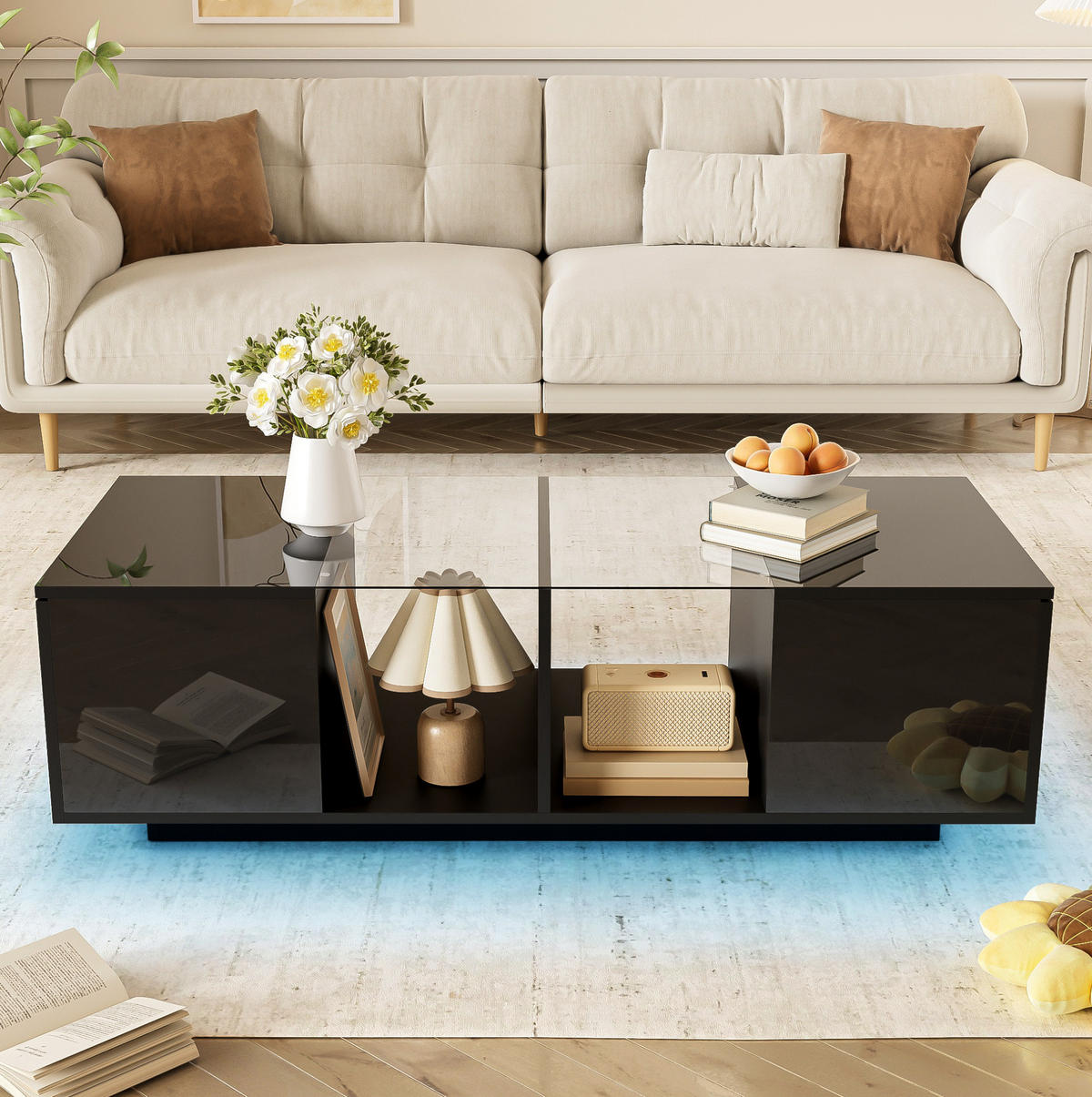 COUCHTISCH aus Glas und Holzwerkstoff 120x50x38,5 cm in Schwarz mit LED - Schwarz, Holzwerkstoff (120/50/38.5cm) - Modfu