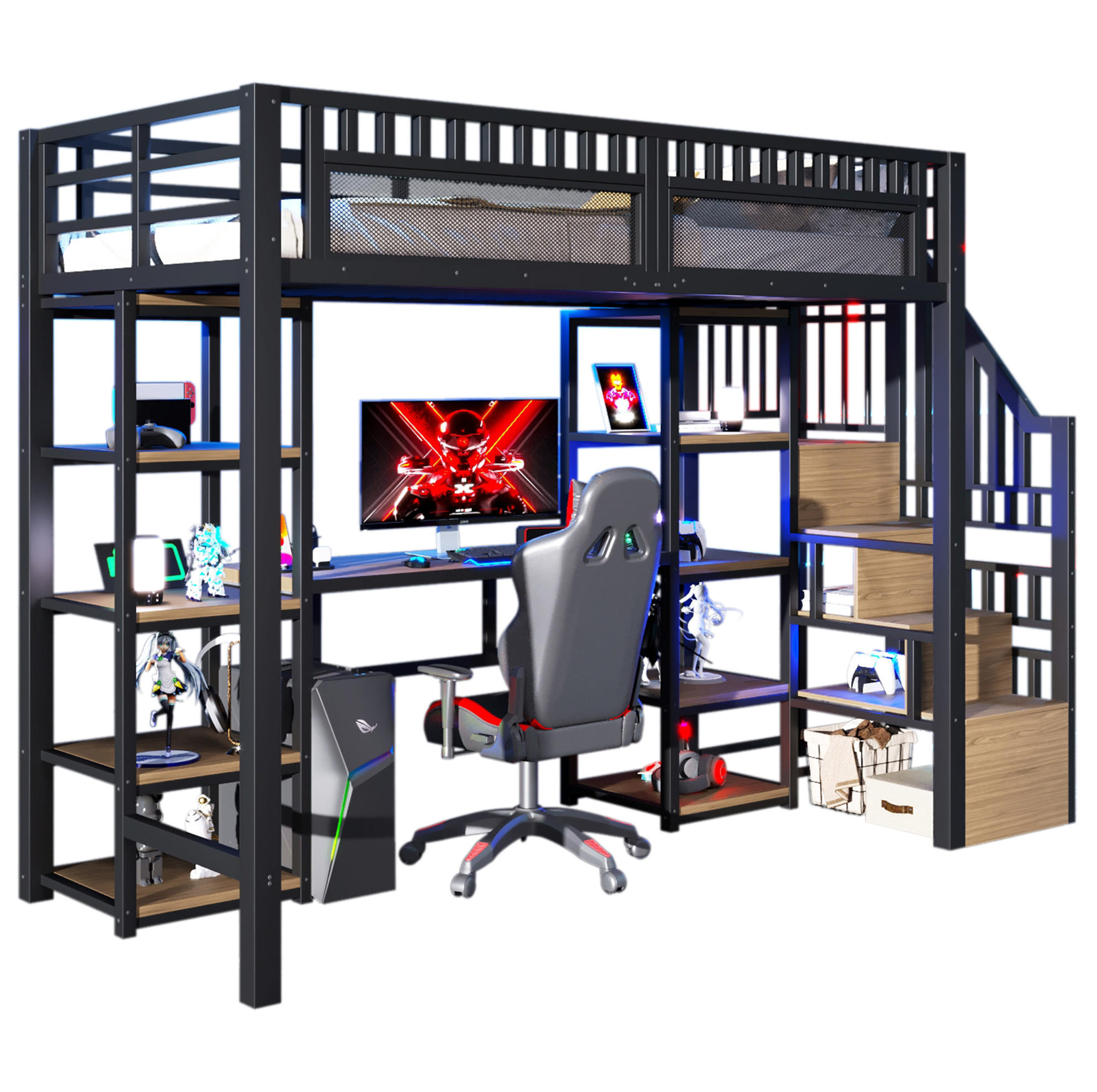 HOCHBETT 90/200 cm in Schwarz mit Schreibtisch, Stauraum und LED-Beleuchtung - Schwarz, Metall (90/200cm) - Flora Grace