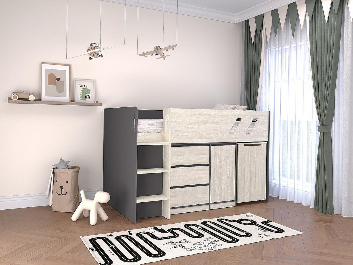 BETTKOMBINATION - 1 Person - holz - hellgrau, anthrazitgrau Sagiti - Anthrazit/Hellgrau, Holz (90/190cm) - Vente-Unique