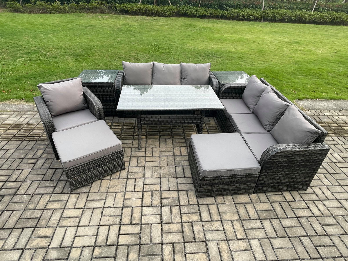 GARTENTISCHGRUPPE mit Beistelltisch,2 Hocker Polyrattan Dunkelgrau 9-Sitzer - Dunkelgrau/Grau, Glas/Kunststoff - Fimous