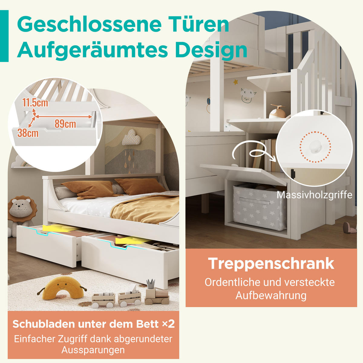 ETAGENBETT 90/140x200 cm aus Massivholz und MDF mit Leiterschrank und Schubladen Weiß - Weiß, Metall (90/200cm) - Modenvie