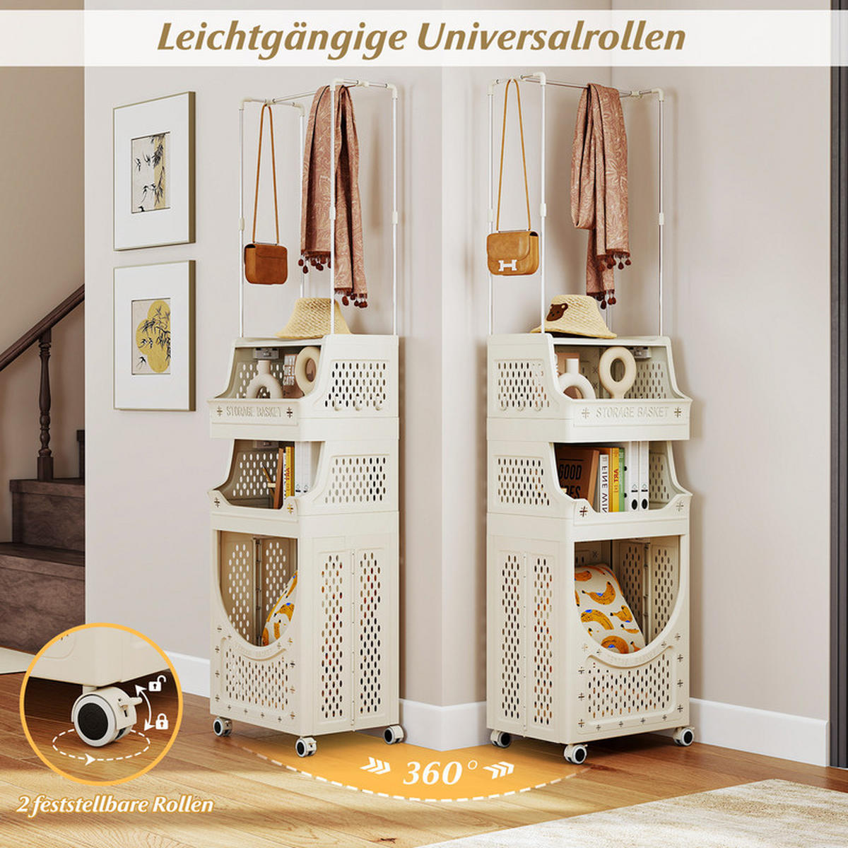 WÄSCHEKORBWAGEN mit Kleiderstange beige - Beige, Kunststoff (40/158/30cm) - COSTWAY