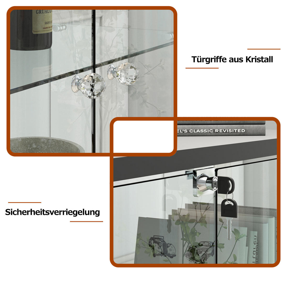 VITRINE 36,5/42,5/167 cm aus MDF und Glas mit LED-Beleuchtung, Rollen und abschließbarem Stauraum, Schwarz - Schwarz, Holzwerkstoff (42.5/167/36.5cm) - Redom