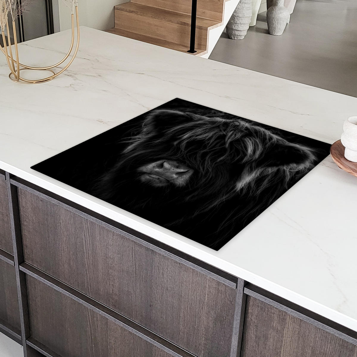 HERDABDECKPLATTE Schottischer Highlander - Kuh - Schwarz - Weiß - Tiere Induktionsmatte 78x78 cm - Schwarz, Kunststoff (78/78/0.2cm) - MuchoWow