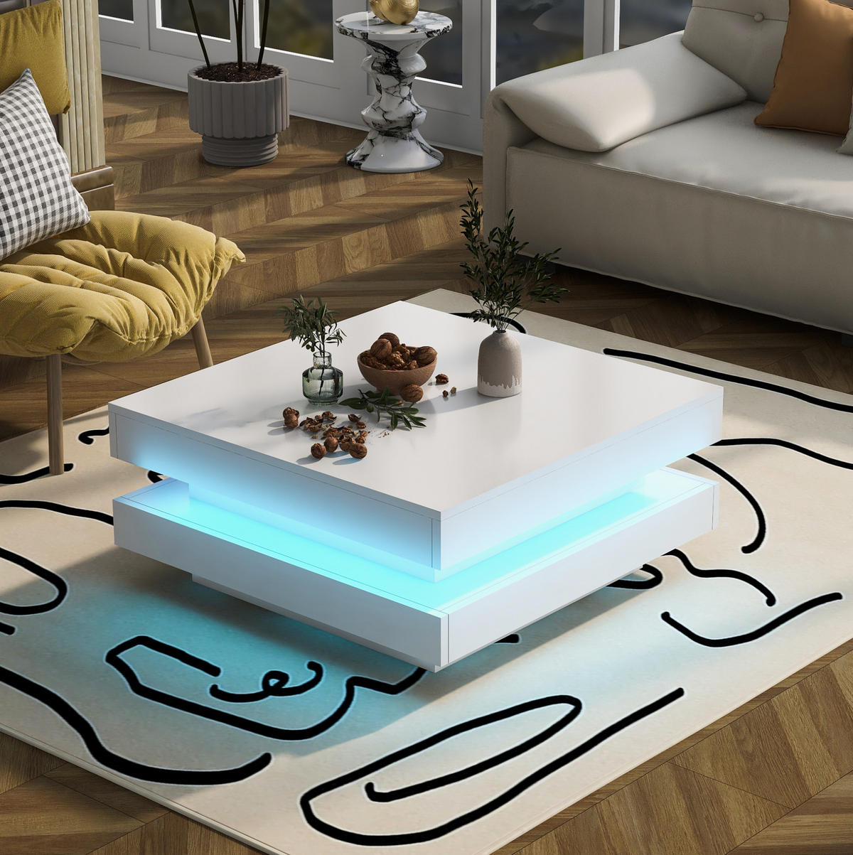 KONFERENČNÍ stolek, 70/70/36 cm bílý, vysoký lesk s otočnou deskou a LED osvětlením - bílá, kompozitní dřevo (70/70/36cm) - BEAOK